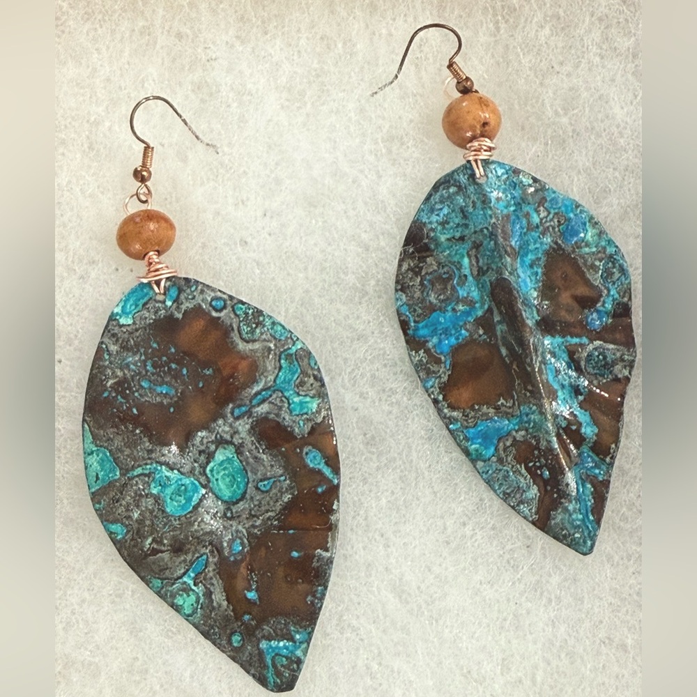 Bold Boho Blue and Brown Teardrop Earrings with Patina Effect